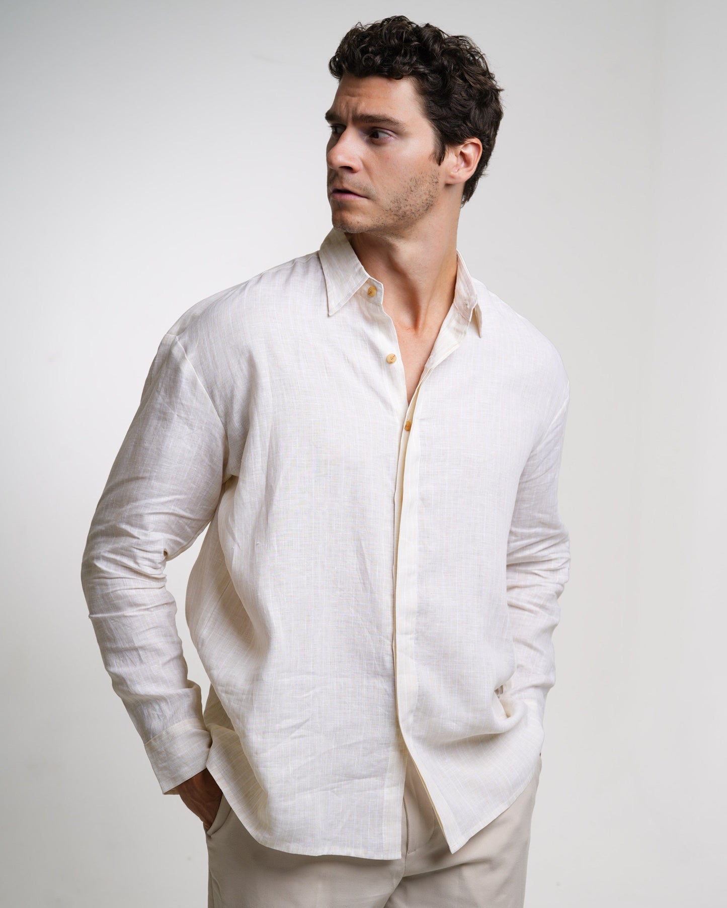 The Capri Shirt in Pinstripe Beige — Coming Soon